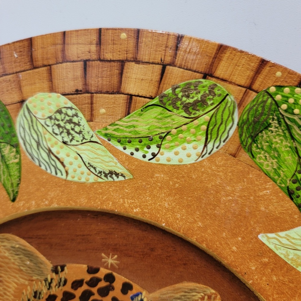 Signed Bibi Leon Hand Painted Round Wood Serving Charger Plate Tiger Cheetah - Picture 3 of 6